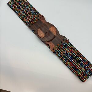 Colorful Beaded Stretch Belt with Wooden Buckle